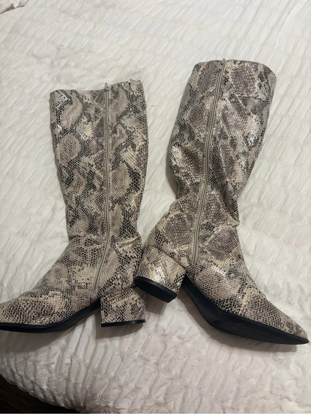 Snake-Print Mid-Calf Block Heel Boots - Beige/Black